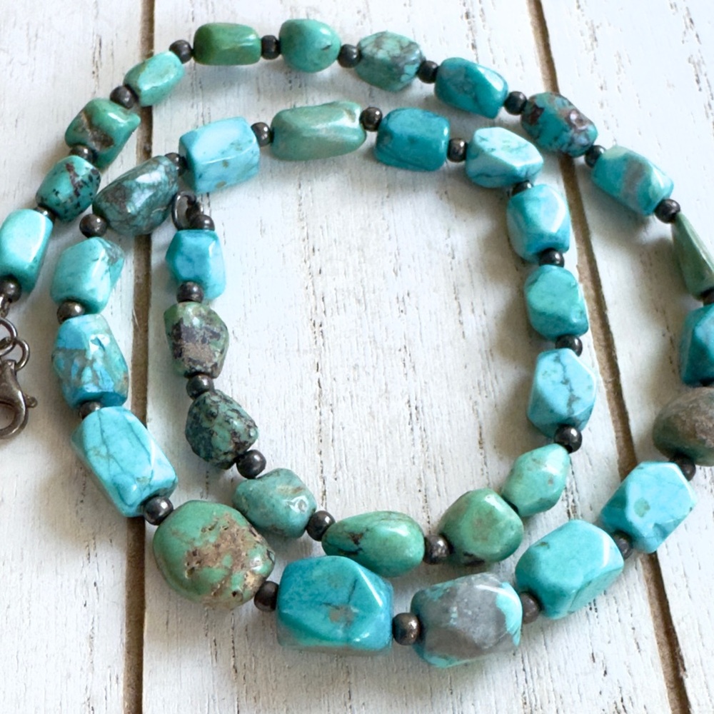 Vintage 925 Silver Turquoise Color Nugget Bead Necklace Southwestern Style
